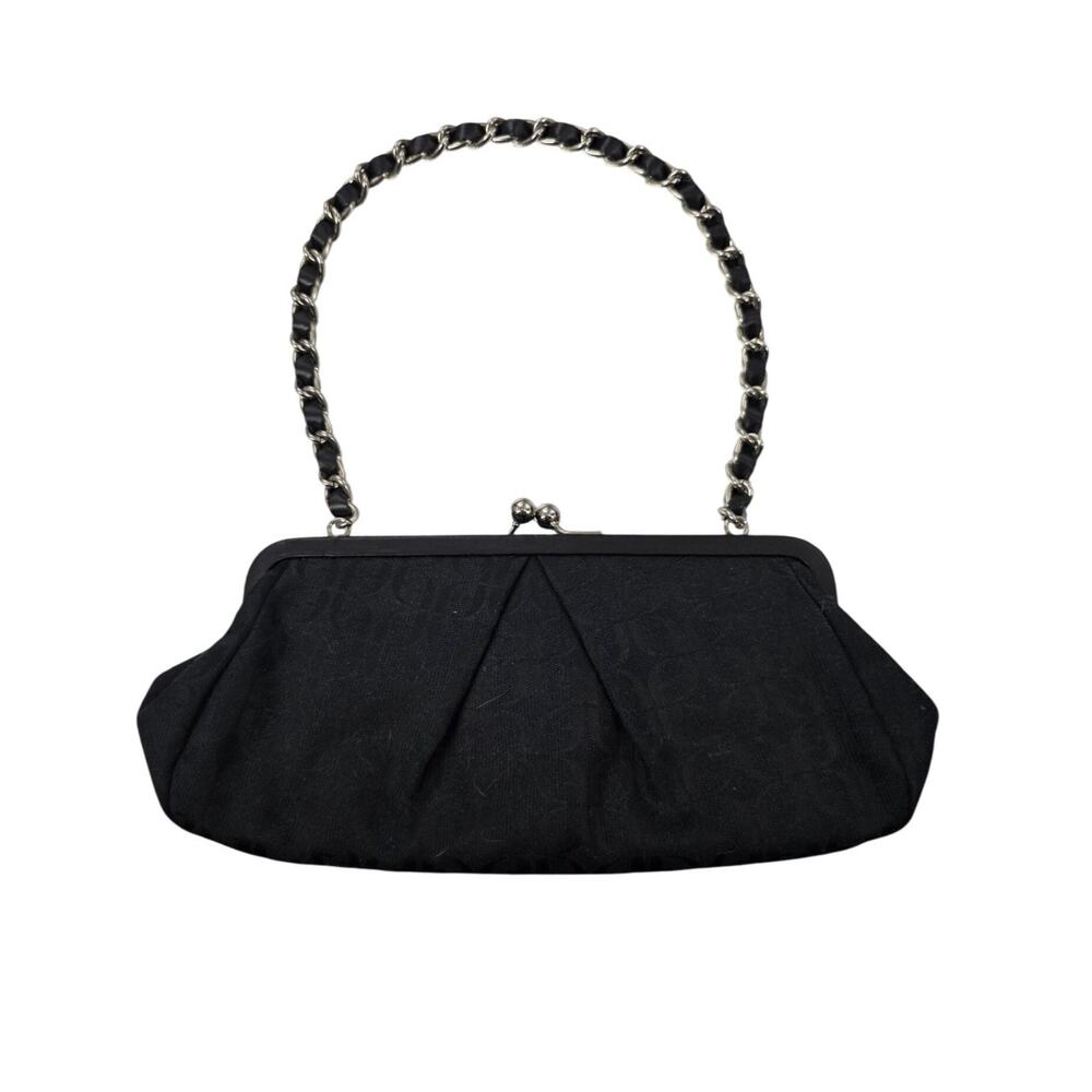 Fossil Y2K Black Leather & Chain Jacquard Fabric Mini Purse Kiss-Lock Closure‎